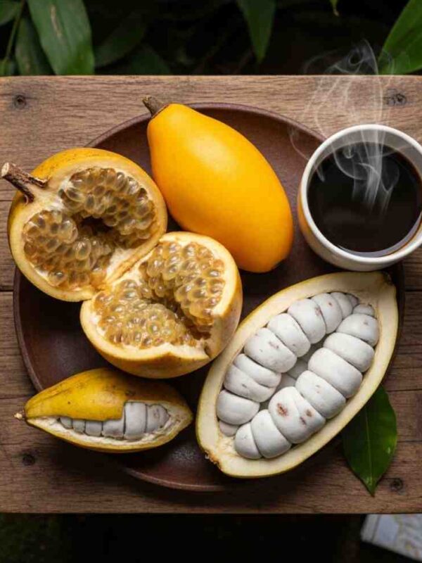 Una mesa rústica que muestra los sabores del Inka Jungle Premium: frutas exóticas como granadilla y lúcuma junto a una taza de café, con botas de trekking al lado