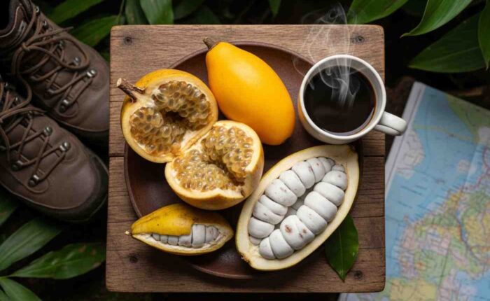 Una mesa rústica que muestra los sabores del Inka Jungle Premium: frutas exóticas como granadilla y lúcuma junto a una taza de café, con botas de trekking al lado