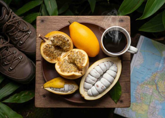 Una mesa rústica que muestra los sabores del Inka Jungle Premium: frutas exóticas como granadilla y lúcuma junto a una taza de café, con botas de trekking al lado