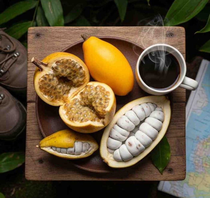Una mesa rústica que muestra los sabores del Inka Jungle Premium: frutas exóticas como granadilla y lúcuma junto a una taza de café, con botas de trekking al lado