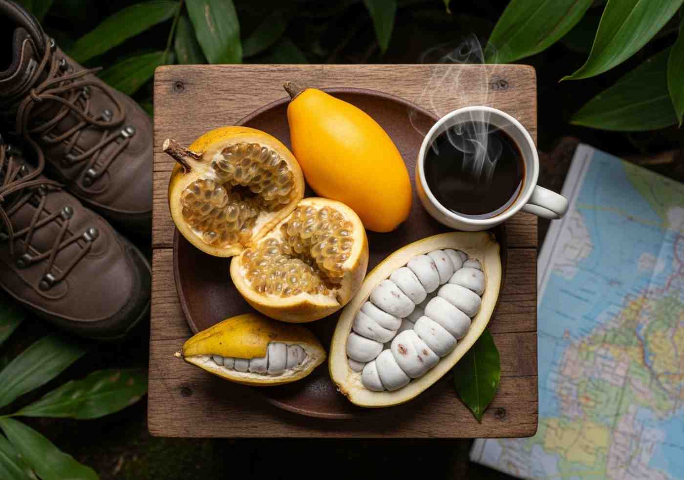 Una mesa rústica que muestra los sabores del Inka Jungle Premium: frutas exóticas como granadilla y lúcuma junto a una taza de café, con botas de trekking al lado
