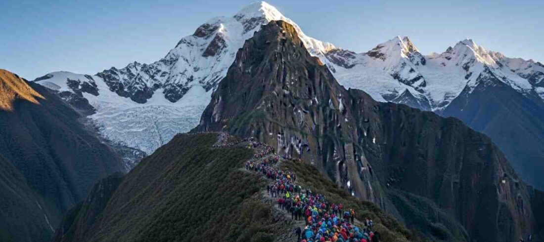 Una vista del nevado Apu Salkantay en un día despejado, ilustrando el trekking del Salkantay en julio o agosto