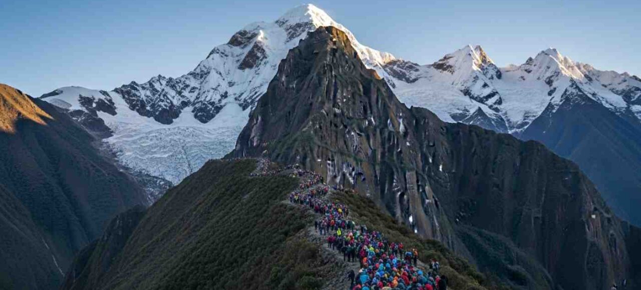 Una vista del nevado Apu Salkantay en un día despejado, ilustrando el trekking del Salkantay en julio o agosto