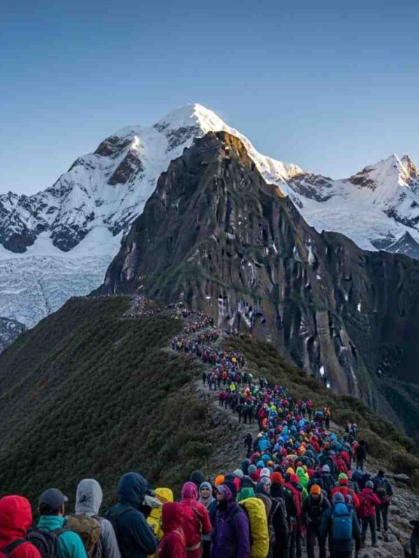 Una vista del nevado Apu Salkantay en un día despejado, ilustrando el trekking del Salkantay en julio o agosto