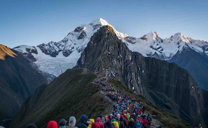 Una vista del nevado Apu Salkantay en un día despejado, ilustrando el trekking del Salkantay en julio o agosto