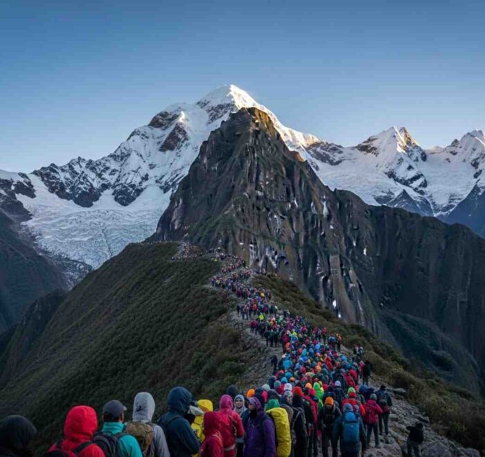 Una vista del nevado Apu Salkantay en un día despejado, ilustrando el trekking del Salkantay en julio o agosto
