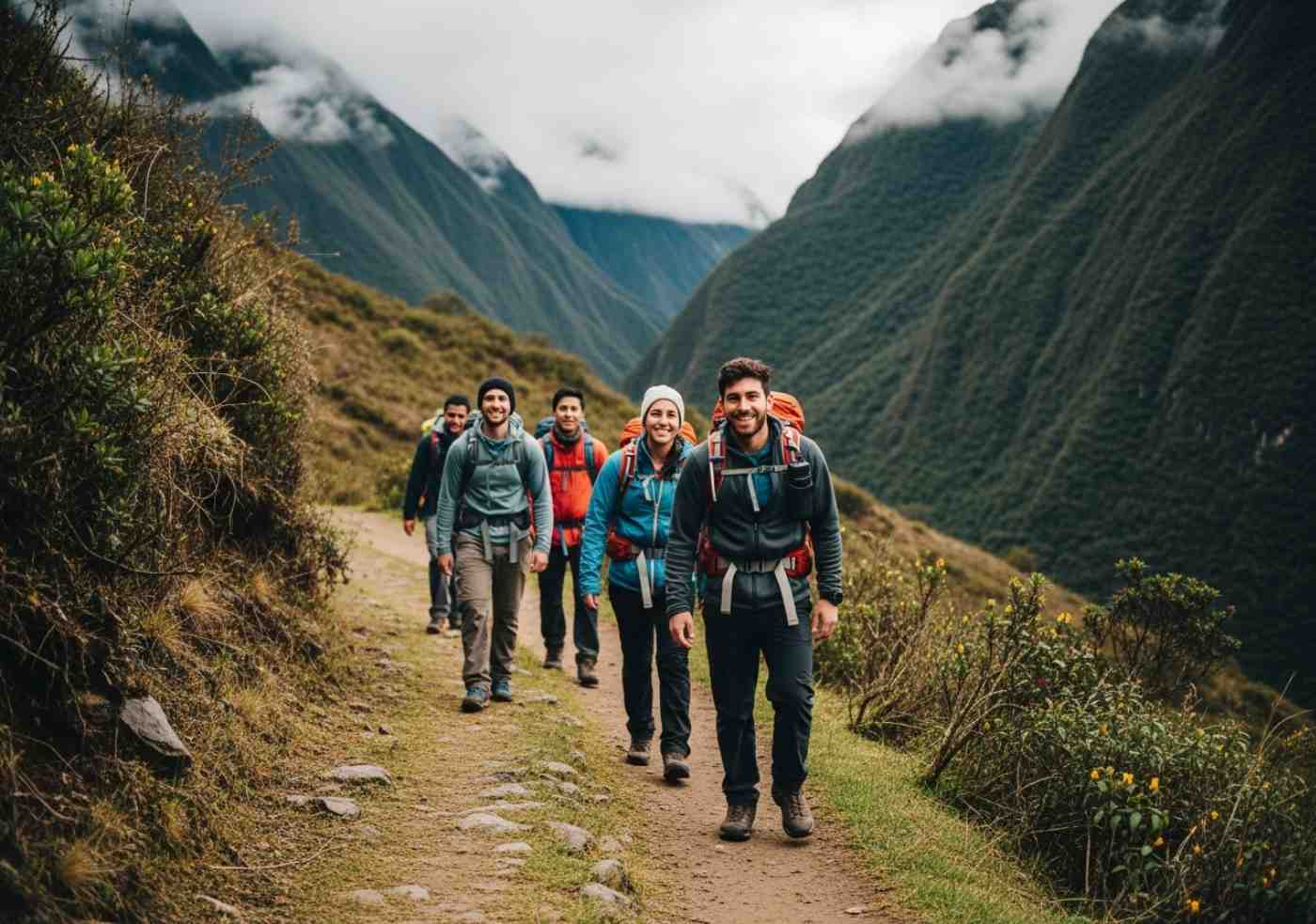 Grupo de excursionistas descendiendo desde el paso Salkantay hacia la ceja de selva durante el Salkantay Trek