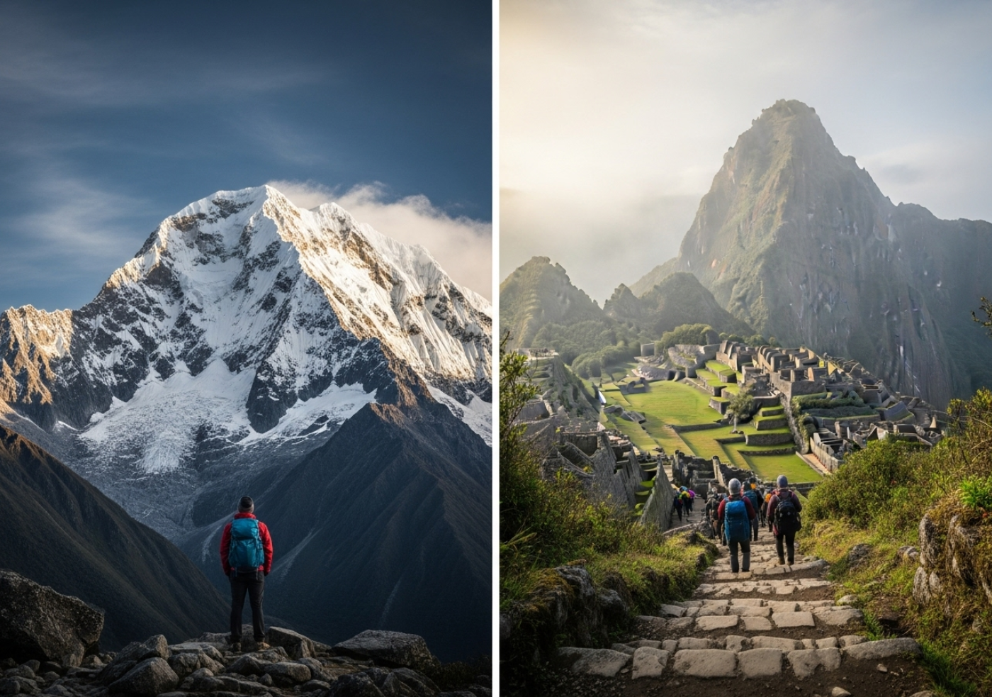 Comparativa del paisaje montañoso del Salkantay Trek vs Camino Inca con sus senderos de piedra
