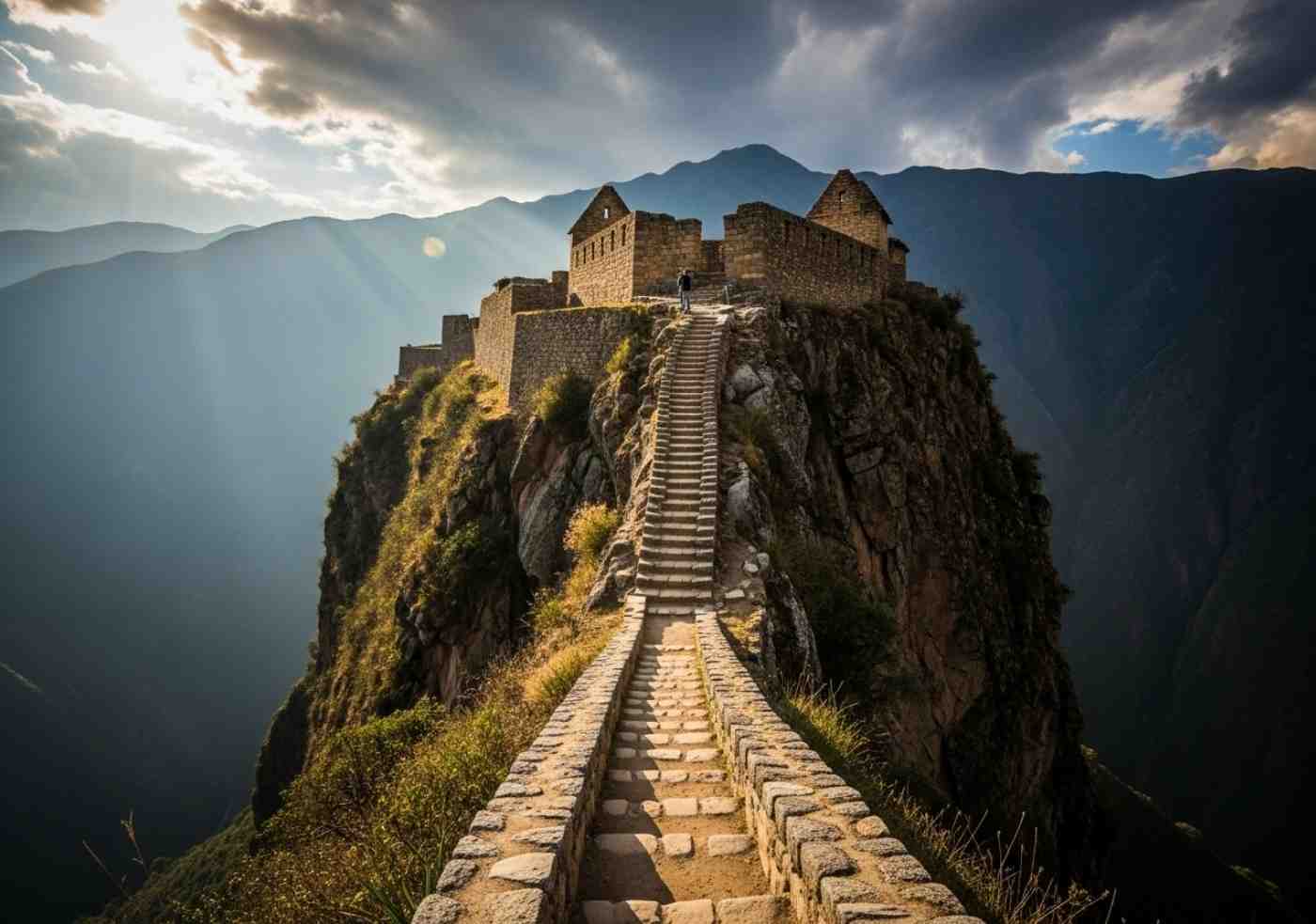 La fortaleza inca de Sayacmarca en el Camino Inca, mostrando su ubicación inaccesible sobre un precipicio y su estrecha escalera de piedra