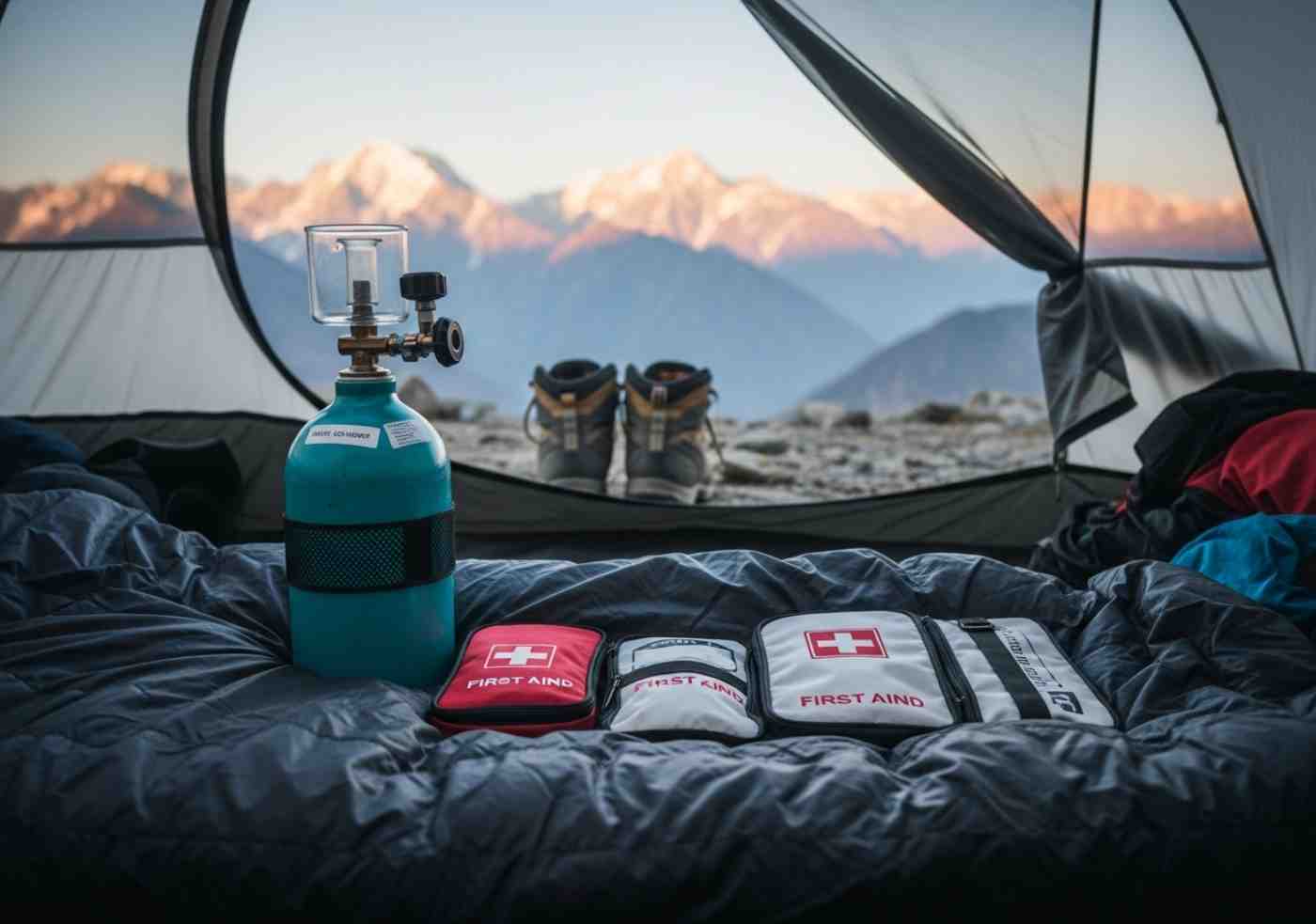 Equipo de seguridad para el Salkantay Trek, incluyendo un tanque de oxígeno y un botiquín, demostrando la preparación para la aclimatación