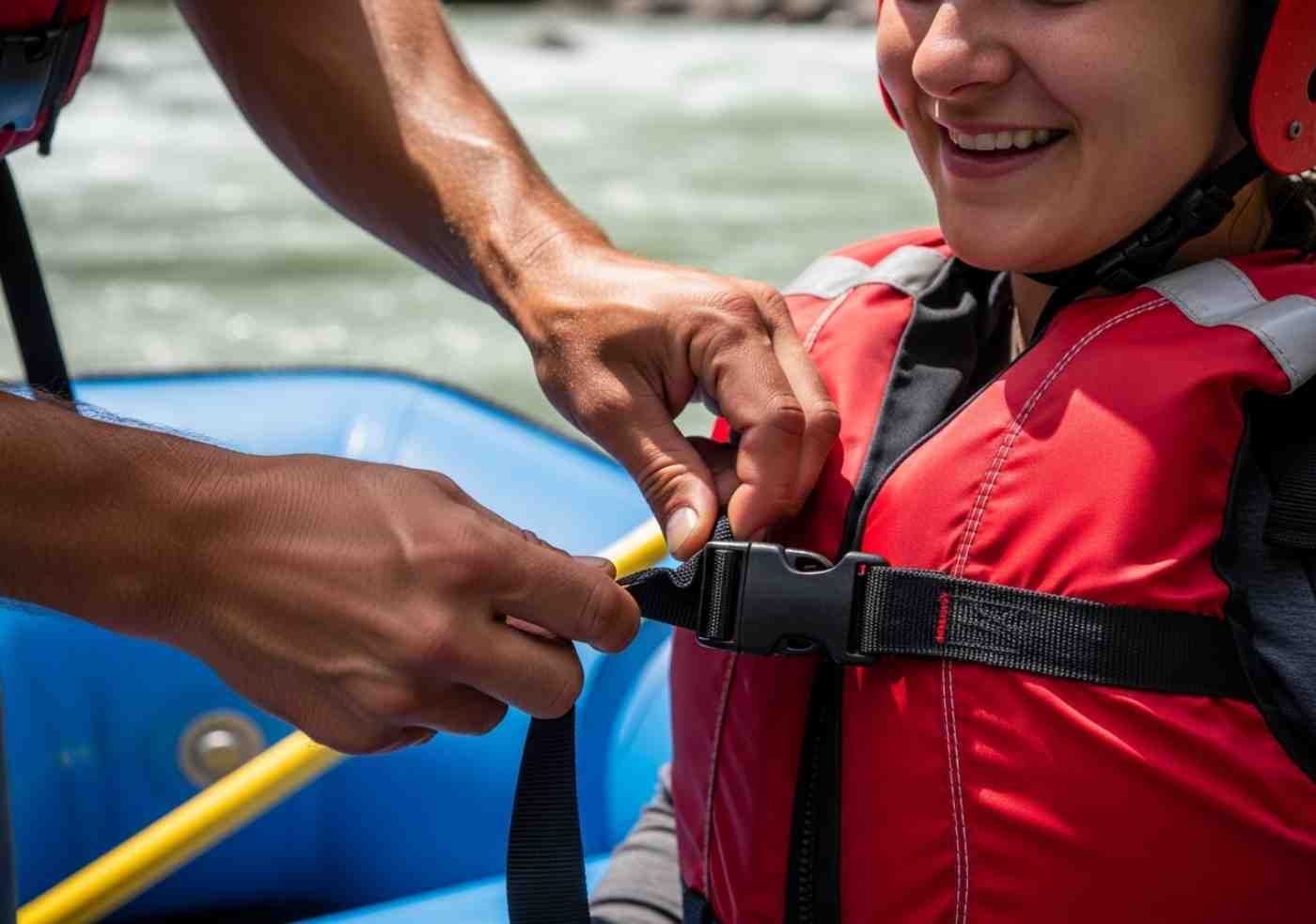 Guía de rafting revisando el equipo de seguridad en la Ruta Inka Jungle