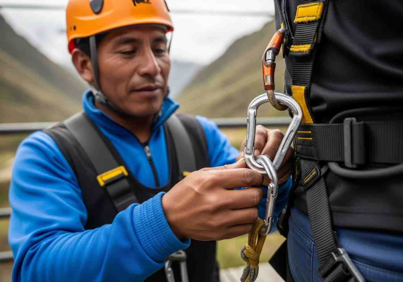 Un guía experto revisando el arnés y el equipo de seguridad de un viajero antes de lanzarse en el zipline cerca de Machu Picchu