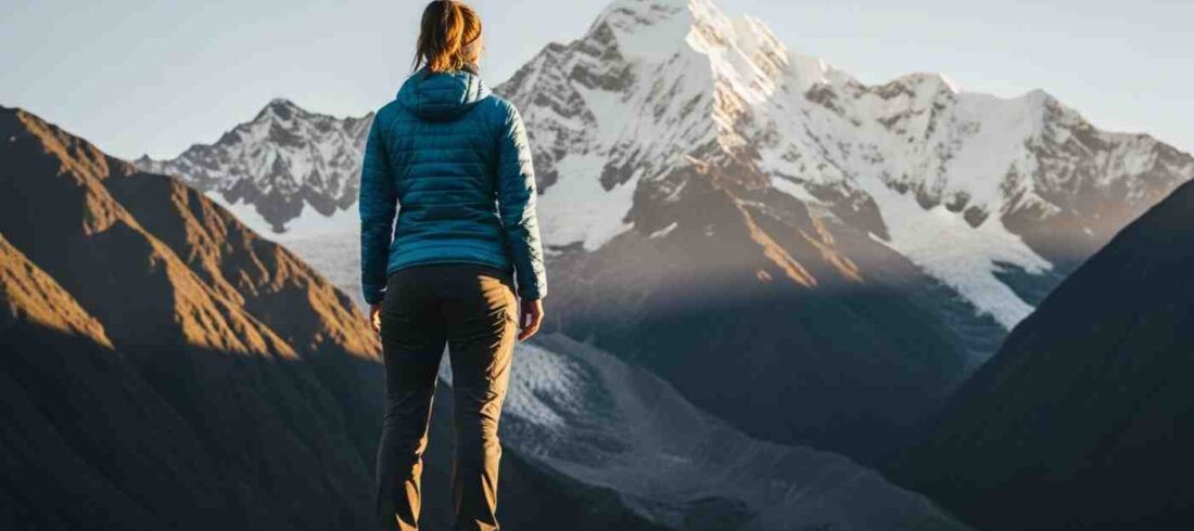 Viajera independiente de espaldas, contemplando la inmensidad del nevado, sintiéndose empoderada y sola en el Salkantay