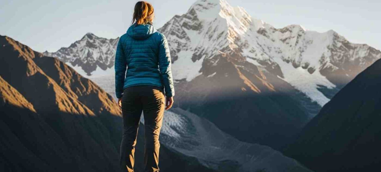 Viajera independiente de espaldas, contemplando la inmensidad del nevado, sintiéndose empoderada y sola en el Salkantay