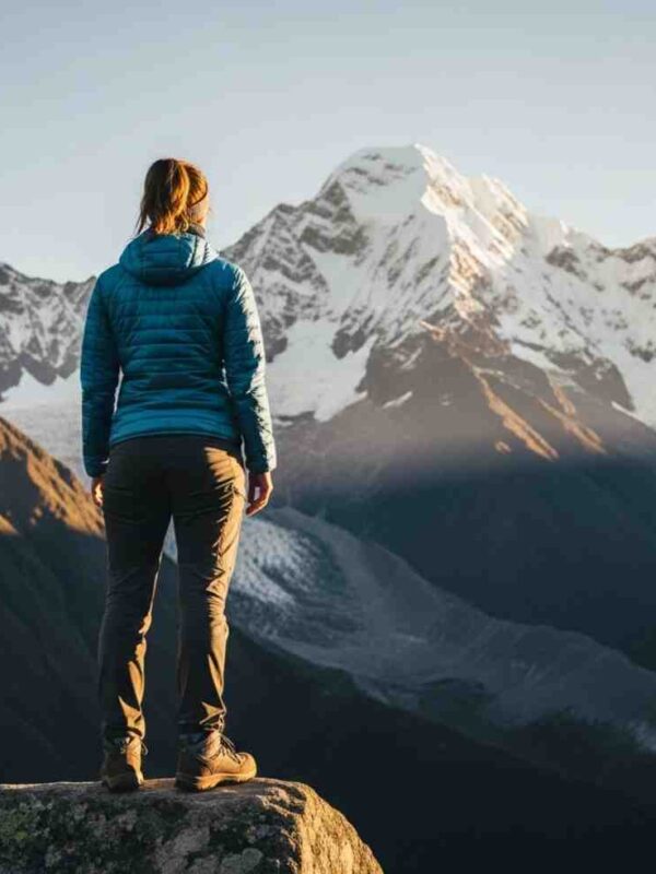 Viajera independiente de espaldas, contemplando la inmensidad del nevado, sintiéndose empoderada y sola en el Salkantay