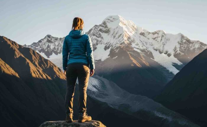 Viajera independiente de espaldas, contemplando la inmensidad del nevado, sintiéndose empoderada y sola en el Salkantay