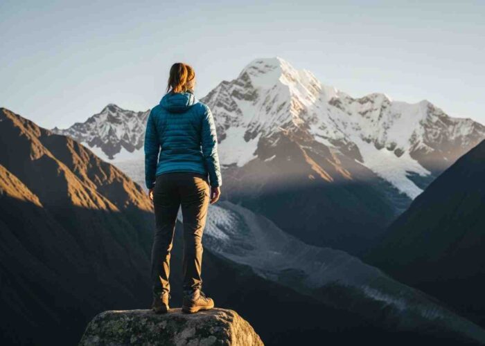 Viajera independiente de espaldas, contemplando la inmensidad del nevado, sintiéndose empoderada y sola en el Salkantay