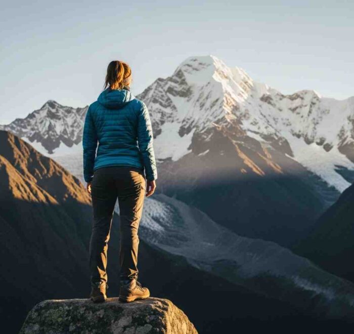 Viajera independiente de espaldas, contemplando la inmensidad del nevado, sintiéndose empoderada y sola en el Salkantay