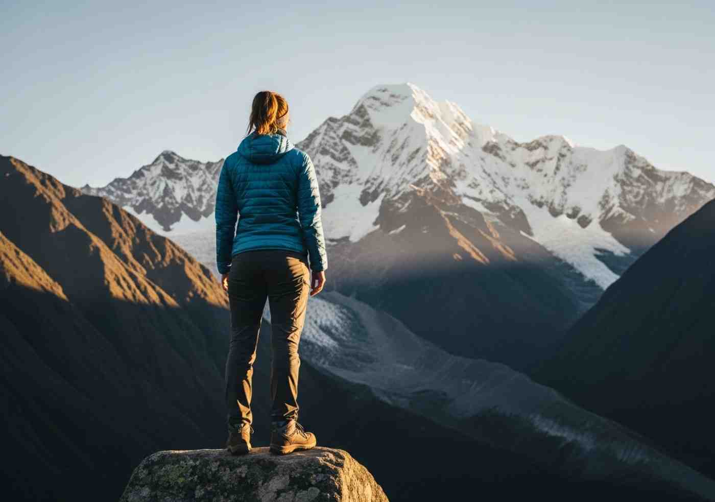 Viajera independiente de espaldas, contemplando la inmensidad del nevado, sintiéndose empoderada y sola en el Salkantay