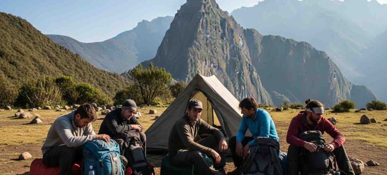 Grupo de viajeros con equipo de mala calidad en la montaña, ilustrando los problemas de un tour barato Salkantay
