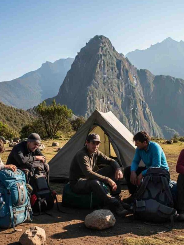 Grupo de viajeros con equipo de mala calidad en la montaña, ilustrando los problemas de un tour barato Salkantay