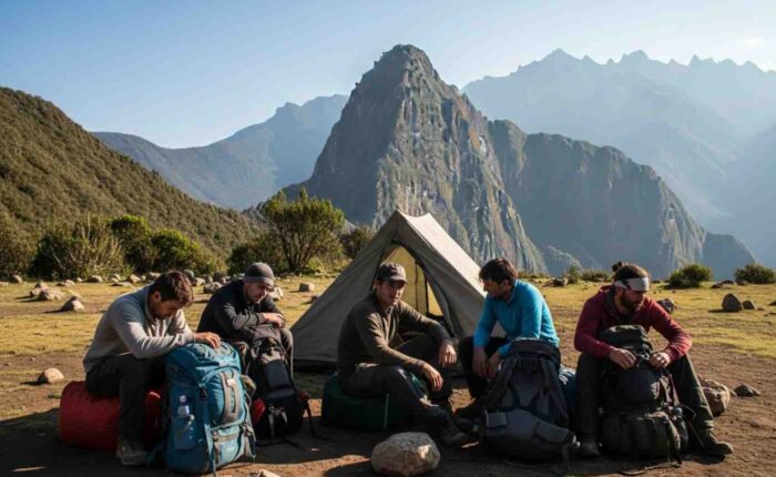 Grupo de viajeros con equipo de mala calidad en la montaña, ilustrando los problemas de un tour barato Salkantay