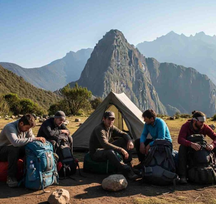 Grupo de viajeros con equipo de mala calidad en la montaña, ilustrando los problemas de un tour barato Salkantay