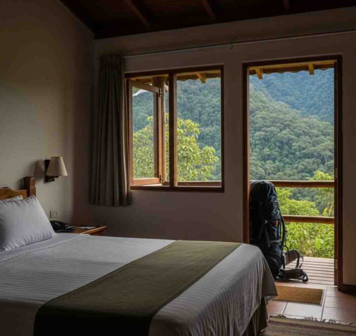 Cama confortable en un lodge del tour premium Inka Jungle, con vistas a la selva peruana
