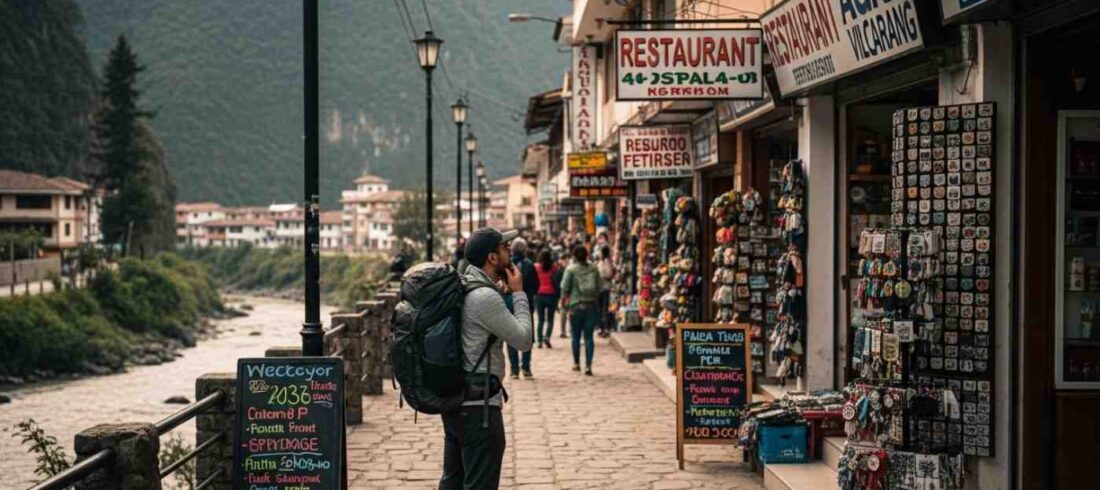 Vista de una calle principal en Aguas Calientes que ilustra cómo evitar las trampas para turistas