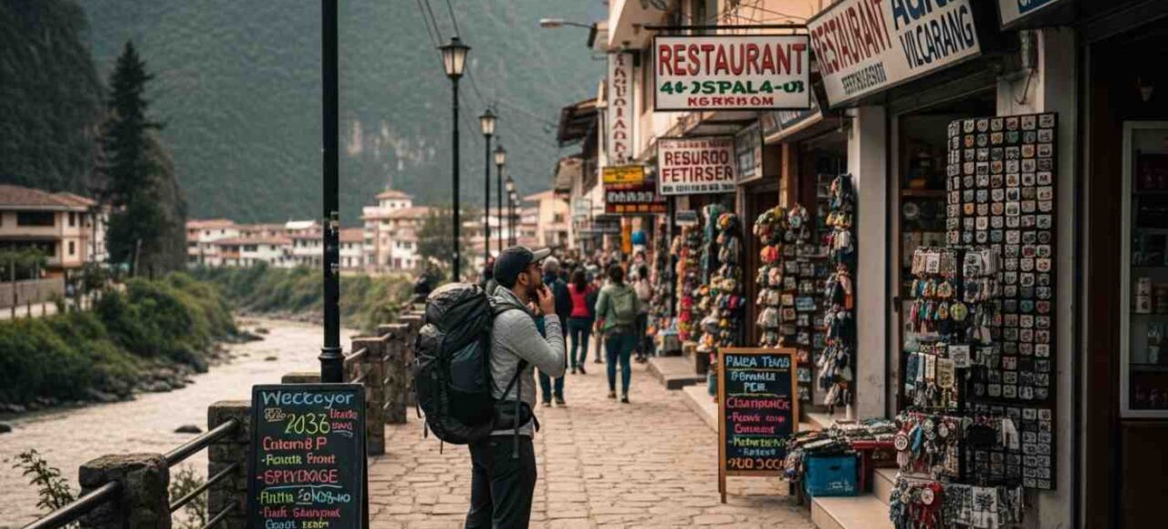 Vista de una calle principal en Aguas Calientes que ilustra cómo evitar las trampas para turistas