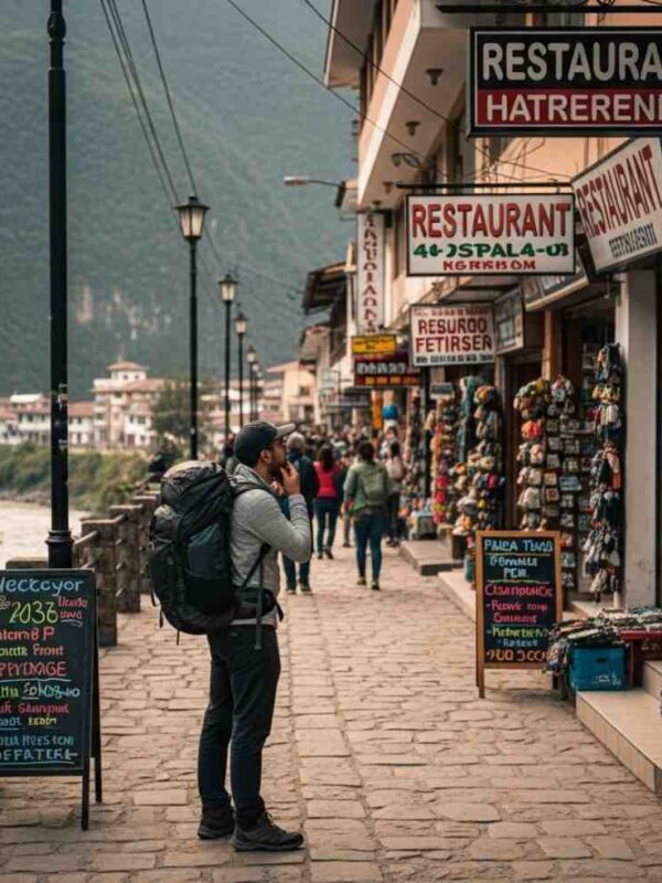 Vista de una calle principal en Aguas Calientes que ilustra cómo evitar las trampas para turistas