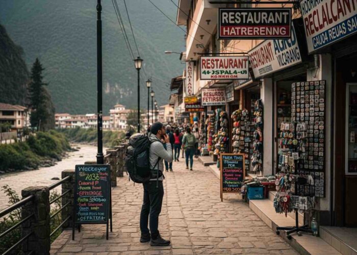 Vista de una calle principal en Aguas Calientes que ilustra cómo evitar las trampas para turistas