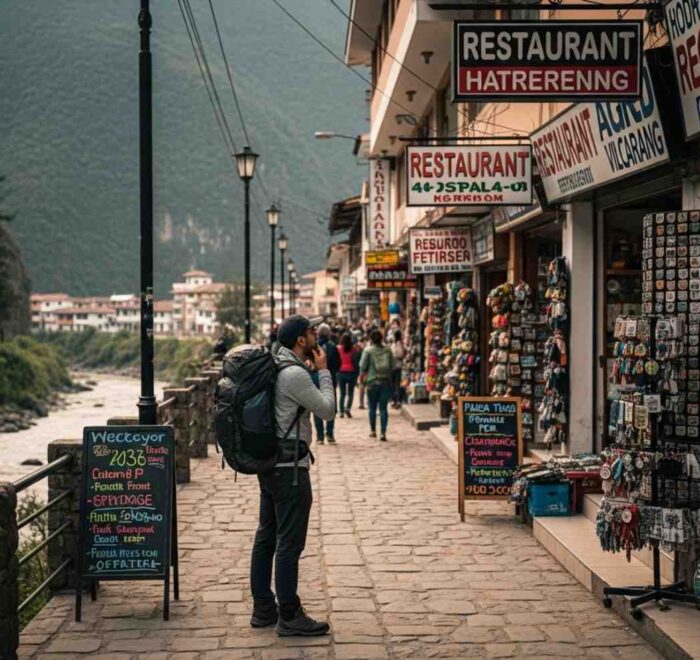 Vista de una calle principal en Aguas Calientes que ilustra cómo evitar las trampas para turistas