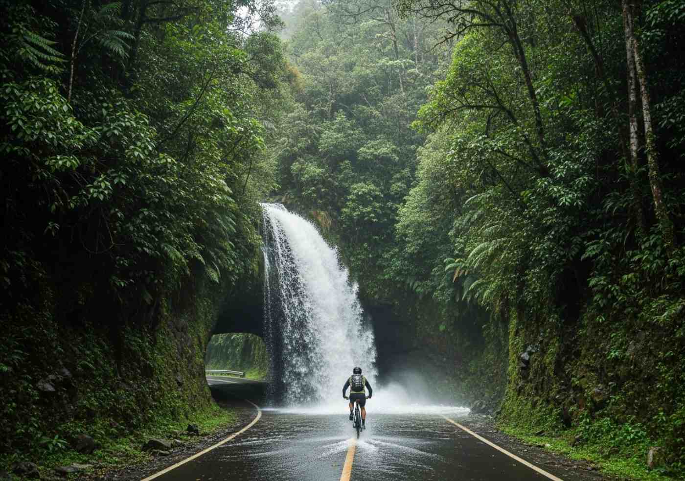 Un ciclista del Inka Jungle tour cruzando una cascada que cae sobre la carretera, mostrando la espectacular transición a la ceja de selva húmeda y verde