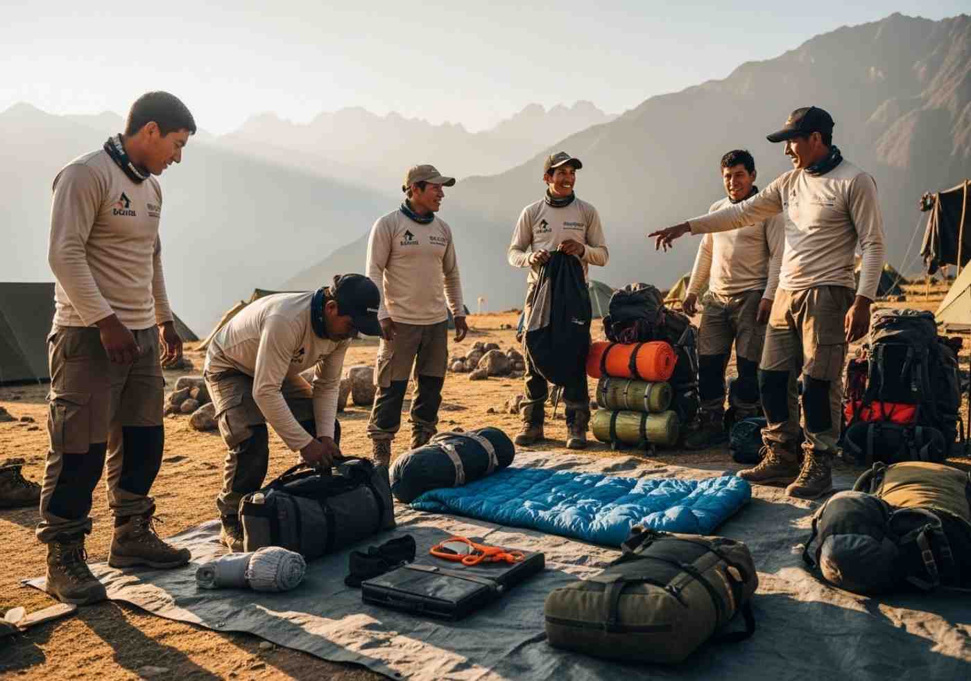 Un grupo de porteadores del Camino Inca en un campamento, bien equipados con uniformes y botas, organizando el equipo, como ejemplo de turismo ético