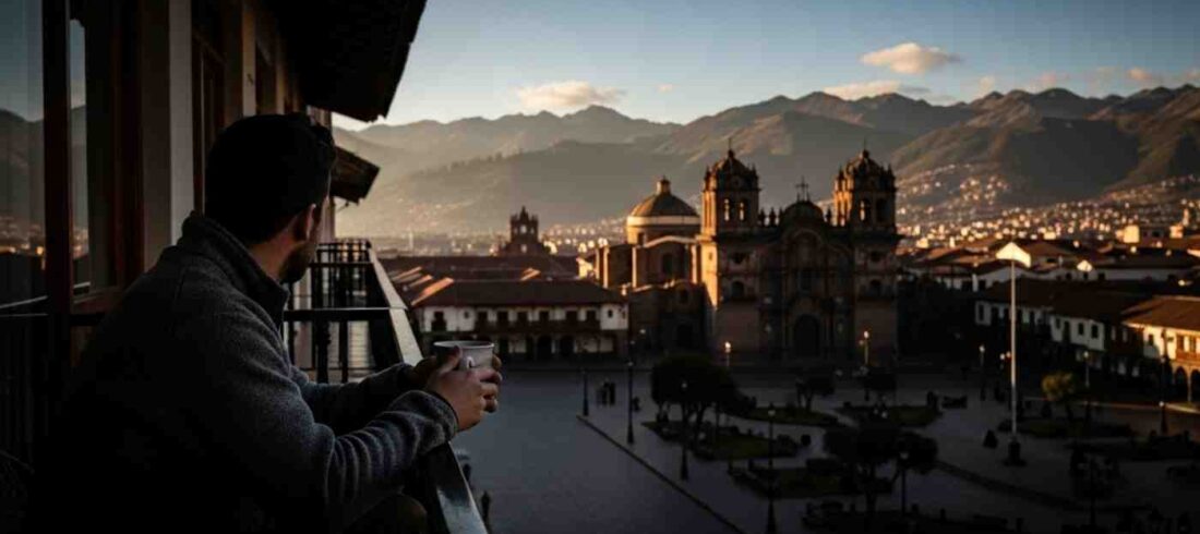 Un viajero pensativo mirando la Plaza de Armas de Cusco al amanecer, experimentando el vacío post-Machu Picchu