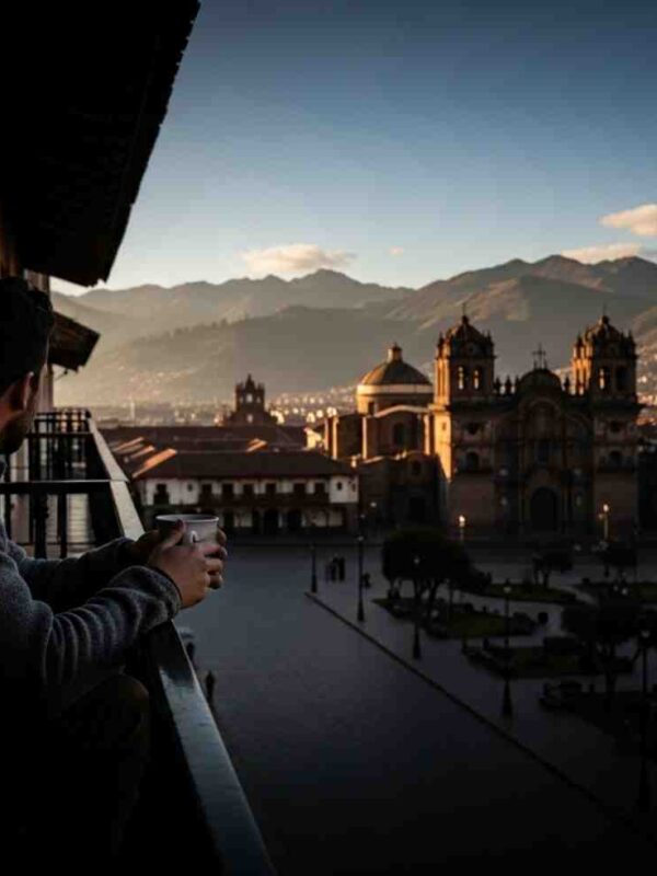 Un viajero pensativo mirando la Plaza de Armas de Cusco al amanecer, experimentando el vacío post-Machu Picchu