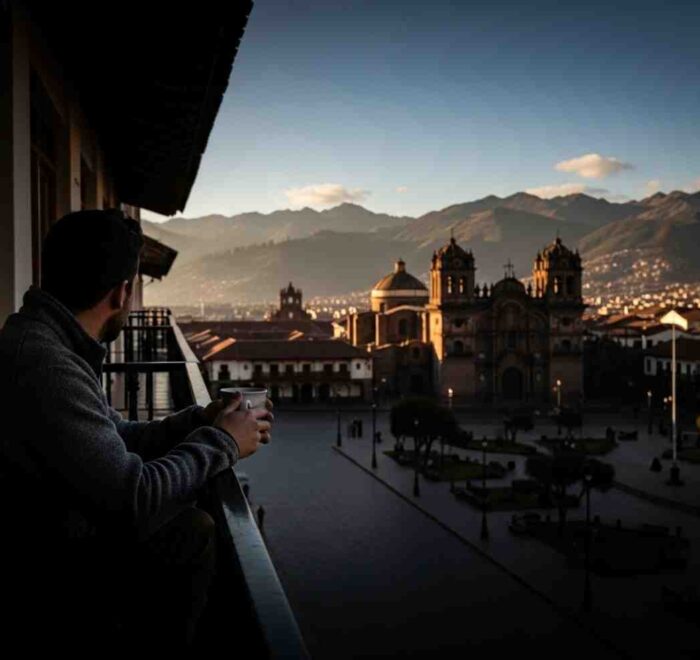 Un viajero pensativo mirando la Plaza de Armas de Cusco al amanecer, experimentando el vacío post-Machu Picchu