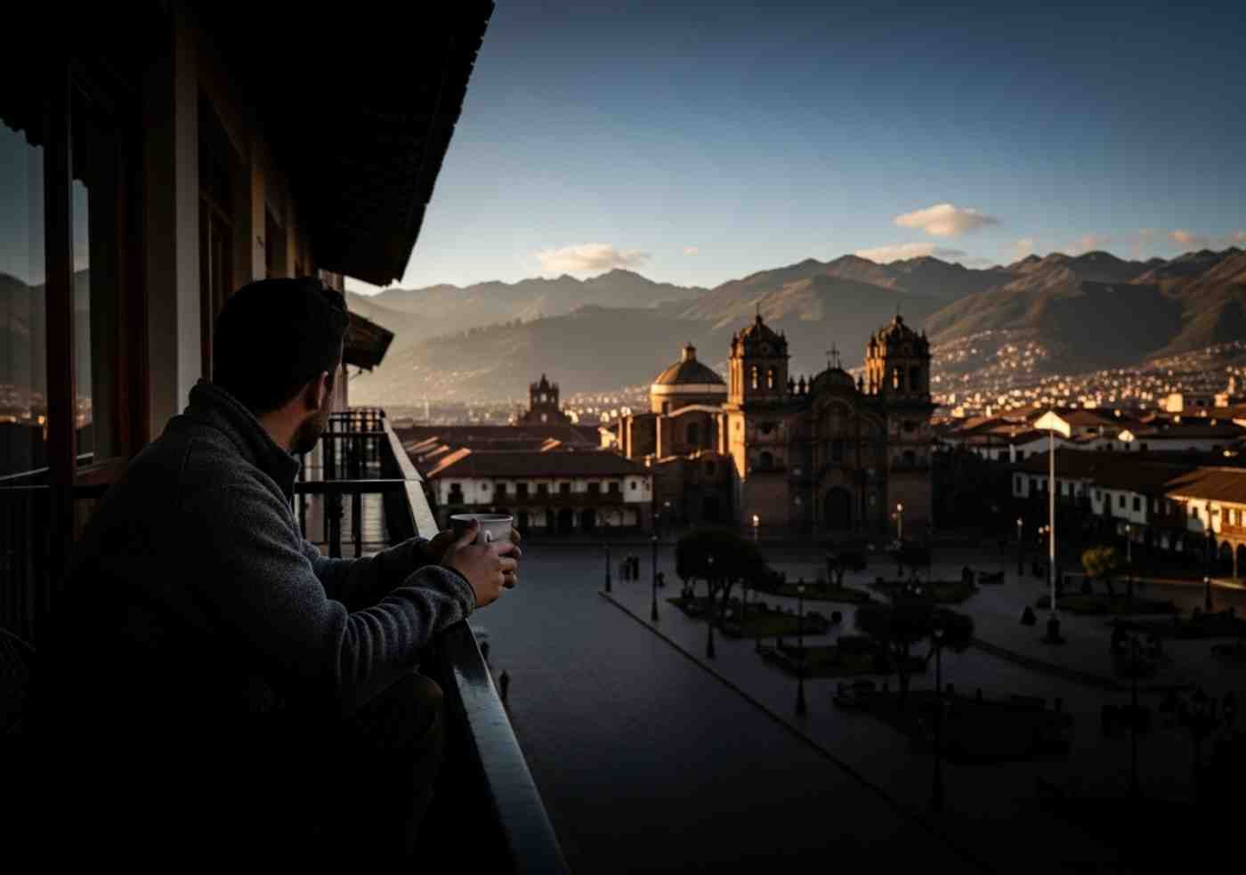 Un viajero pensativo mirando la Plaza de Armas de Cusco al amanecer, experimentando el vacío post-Machu Picchu