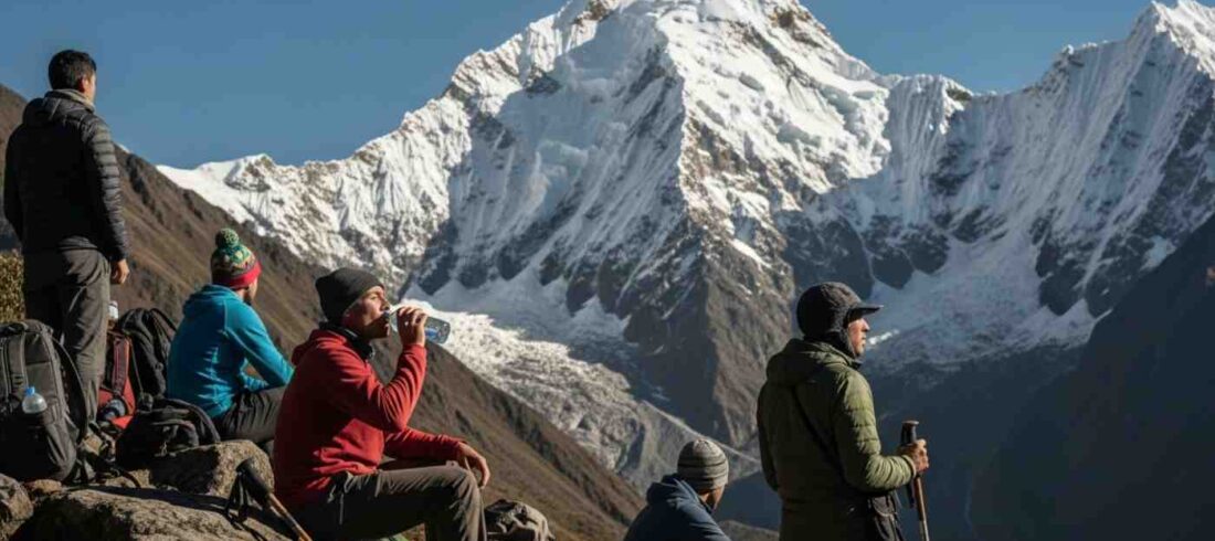 Un grupo de viajeros descansando en el paso Salkantay, aplicando consejos para vencer la altitud del Salkantay