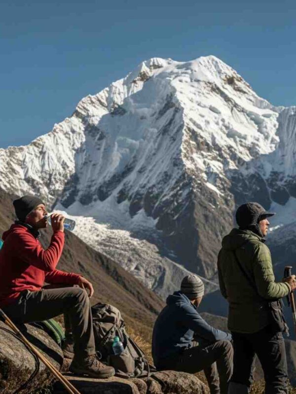Un grupo de viajeros descansando en el paso Salkantay, aplicando consejos para vencer la altitud del Salkantay