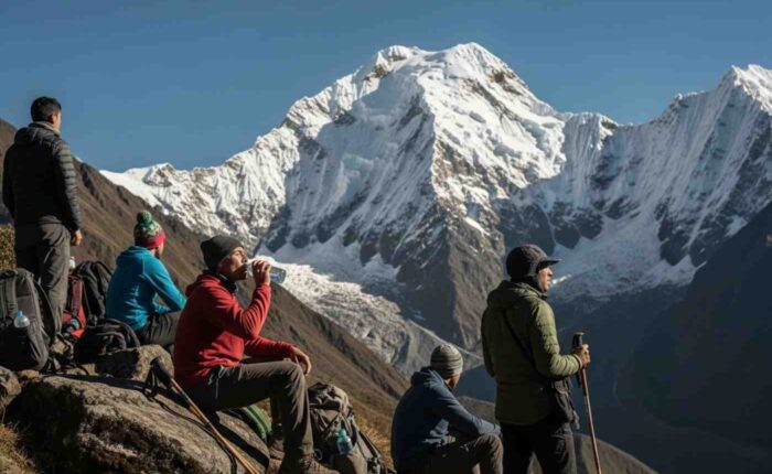 Un grupo de viajeros descansando en el paso Salkantay, aplicando consejos para vencer la altitud del Salkantay