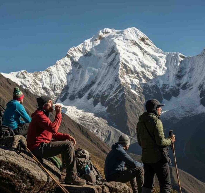 Un grupo de viajeros descansando en el paso Salkantay, aplicando consejos para vencer la altitud del Salkantay