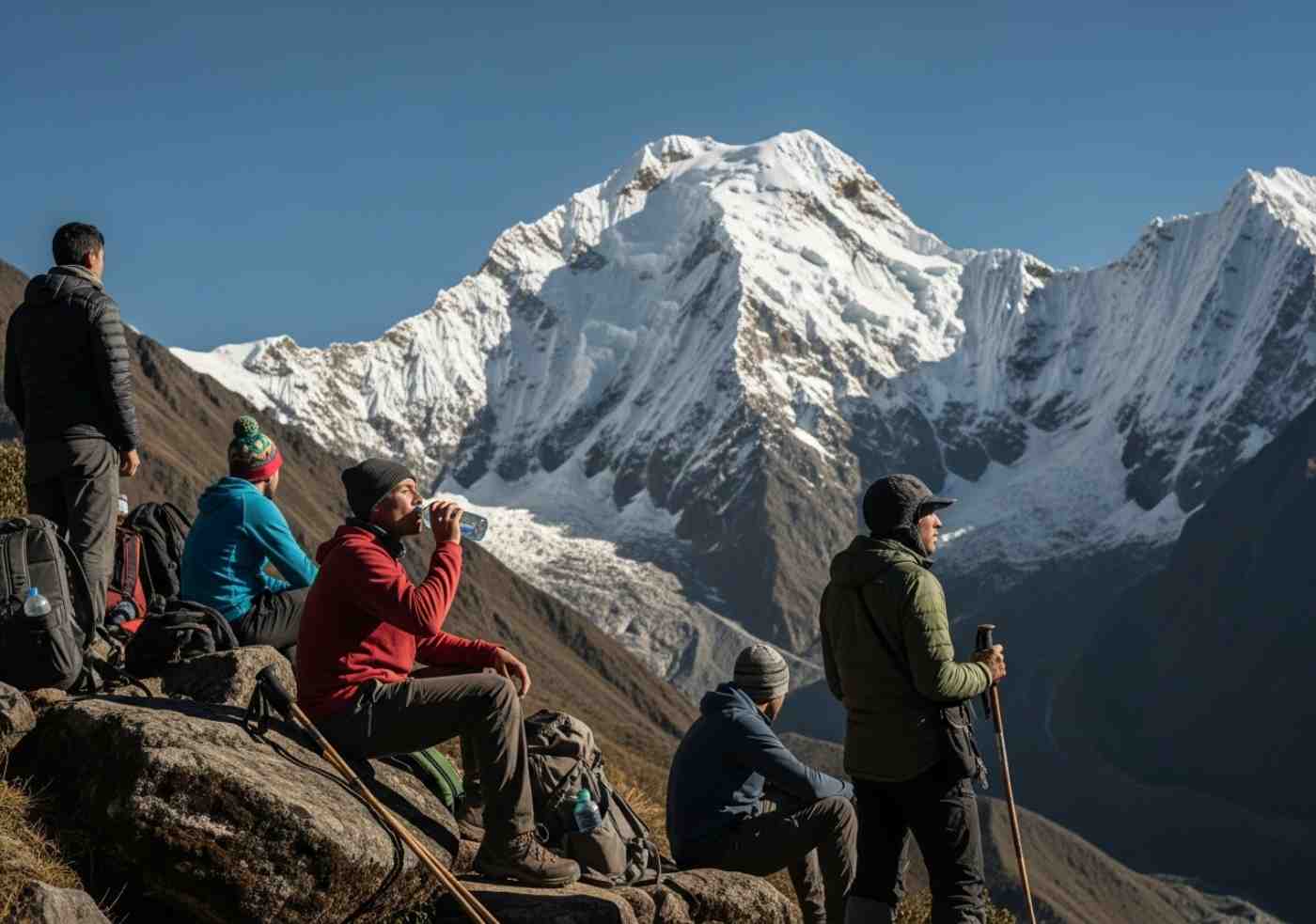 Un grupo de viajeros descansando en el paso Salkantay, aplicando consejos para vencer la altitud del Salkantay