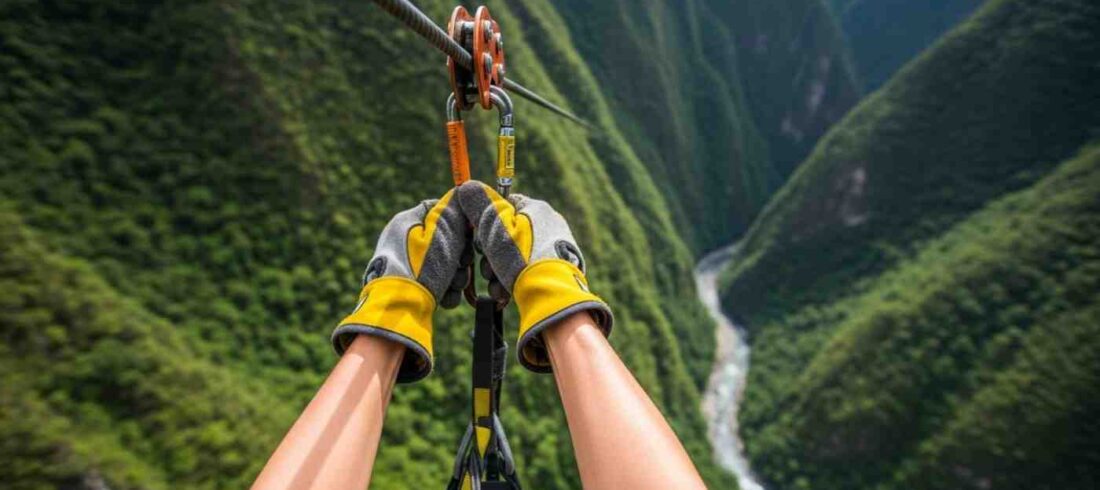 Un viajero volando a alta velocidad en el circuito de zipline en Santa Teresa, con el valle verde y frondoso debajo