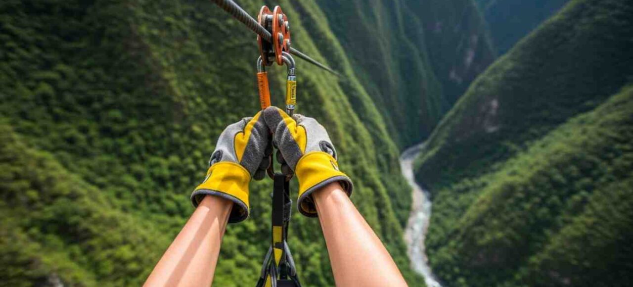 Un viajero volando a alta velocidad en el circuito de zipline en Santa Teresa, con el valle verde y frondoso debajo