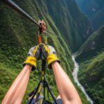 Un viajero volando a alta velocidad en el circuito de zipline en Santa Teresa, con el valle verde y frondoso debajo