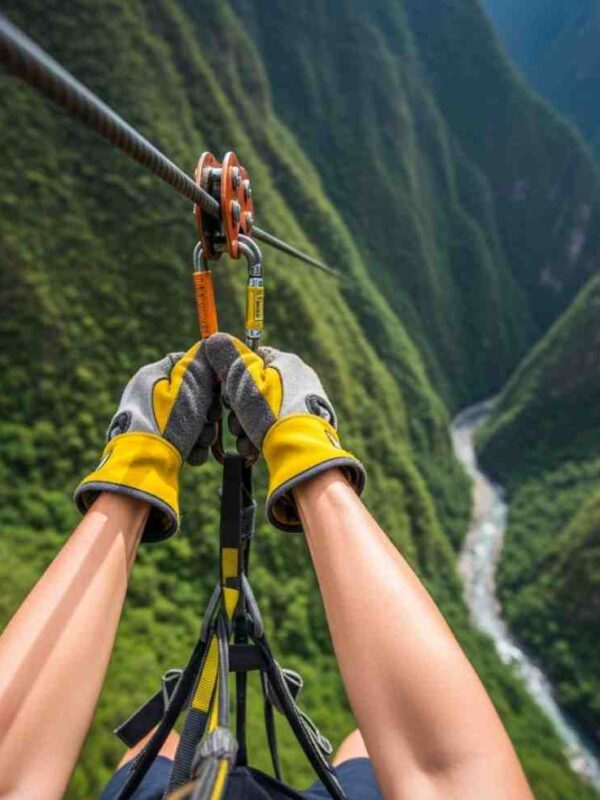 Un viajero volando a alta velocidad en el circuito de zipline en Santa Teresa, con el valle verde y frondoso debajo
