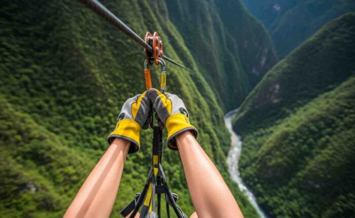 Un viajero volando a alta velocidad en el circuito de zipline en Santa Teresa, con el valle verde y frondoso debajo
