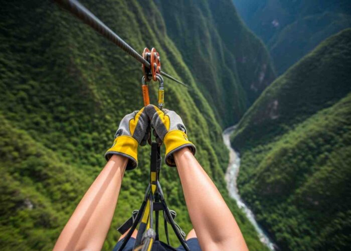 Un viajero volando a alta velocidad en el circuito de zipline en Santa Teresa, con el valle verde y frondoso debajo